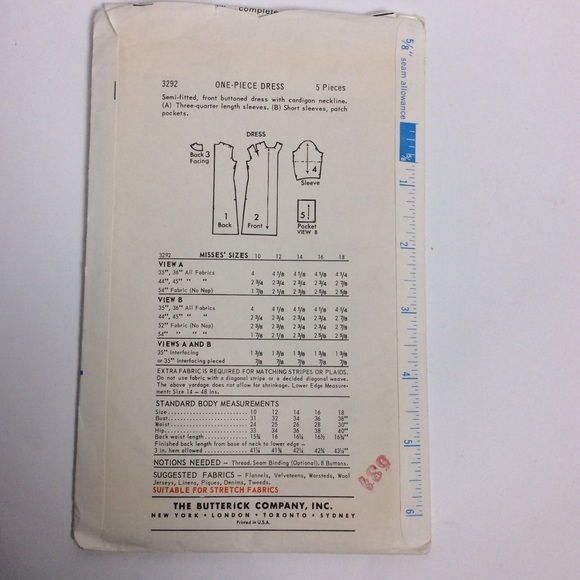 VTG Butterick Sewing Pattern #3292 1 Piece Dress - Picture 2 of 7